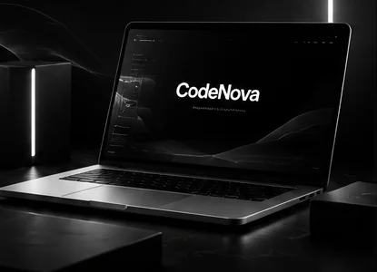 Ilustração de um notebook com a identidade visual da CodeNova